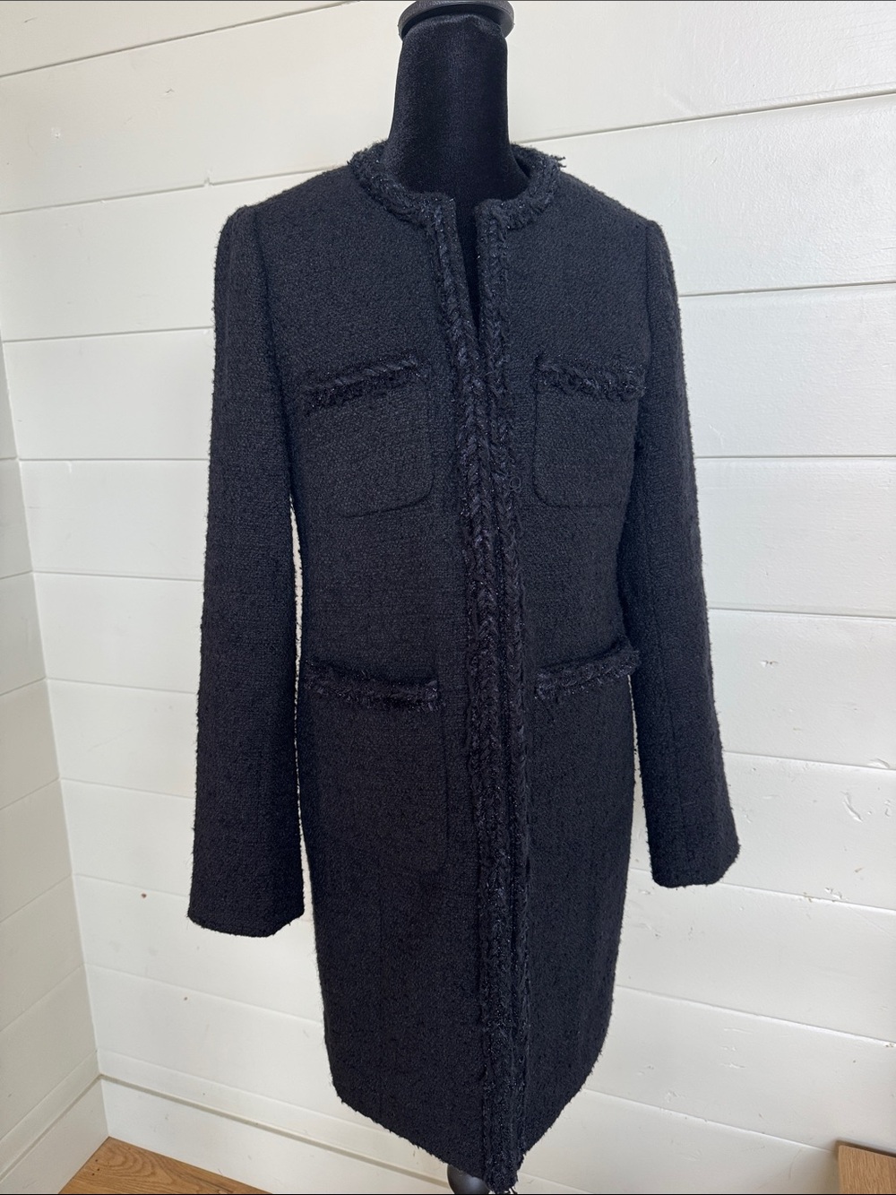 J.Crew Collection Black Bouclé Lady Coat Braided Fringe Trim Wool Blend Size 2 - Picture 2 of 15